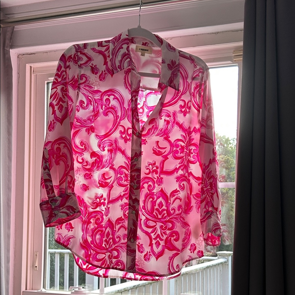 L'AGENCE Pink and White Patterned Blouse